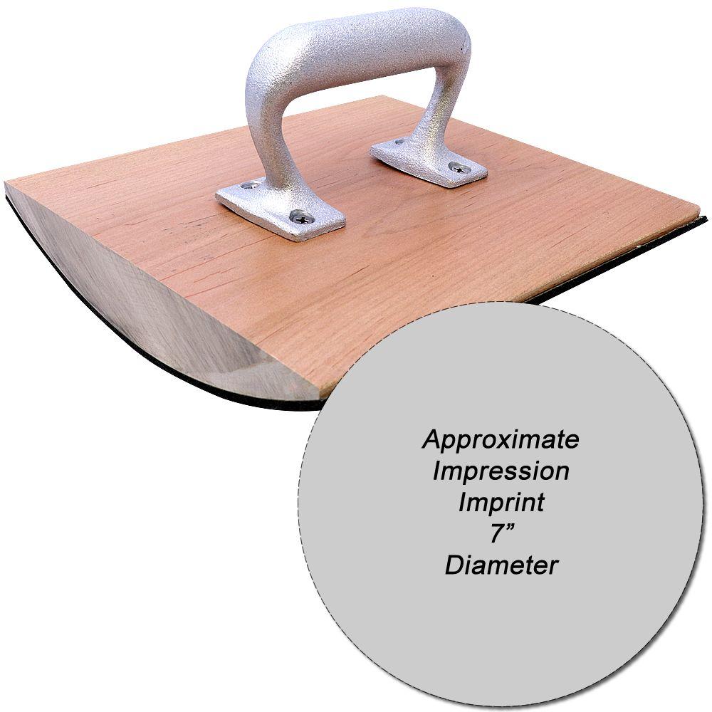 Wooden serving board with metal handles showing 7-inch diameter logo imprint area for custom branding