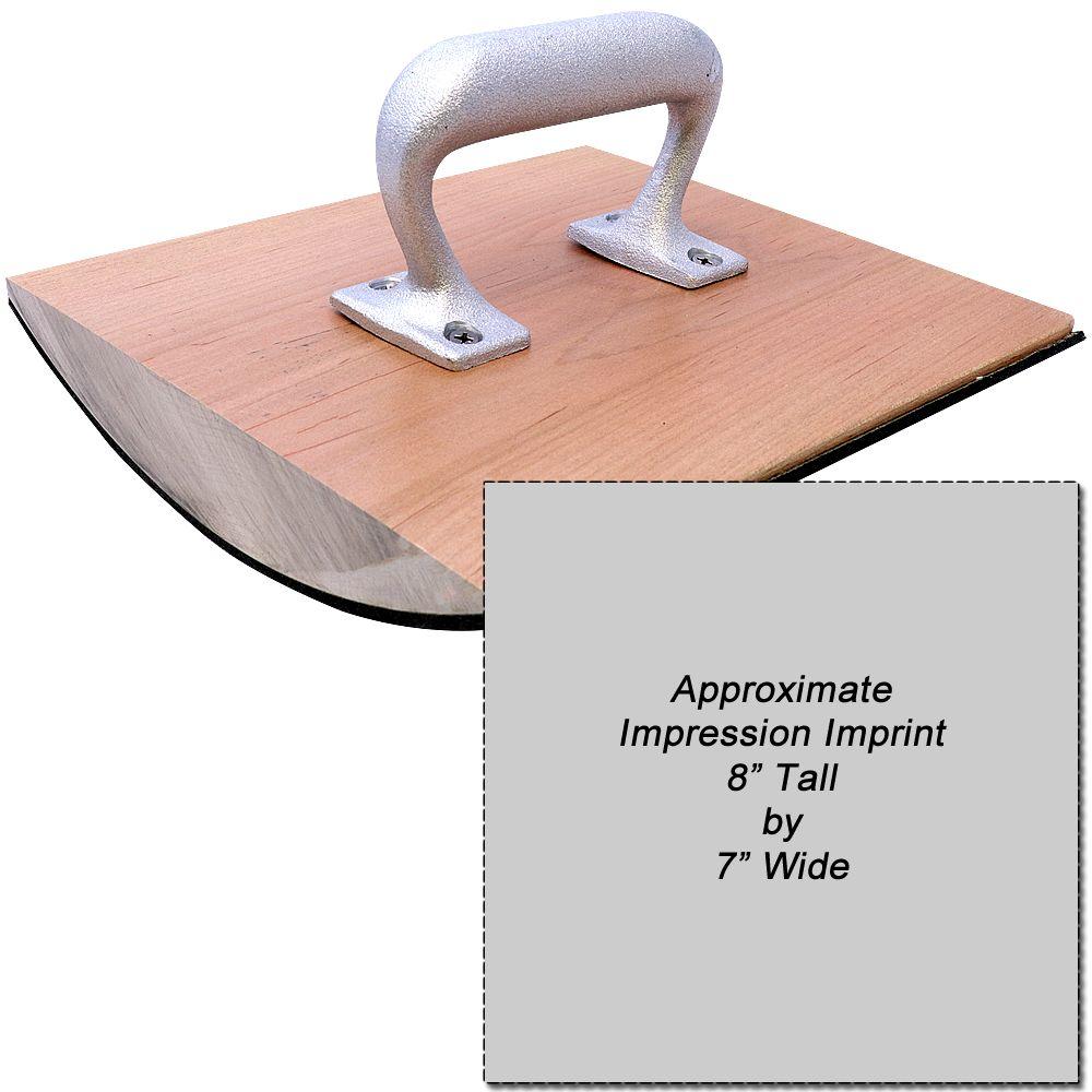 Woodblock stamp press with metal handles showing approximate 8x7 inch impression printing area