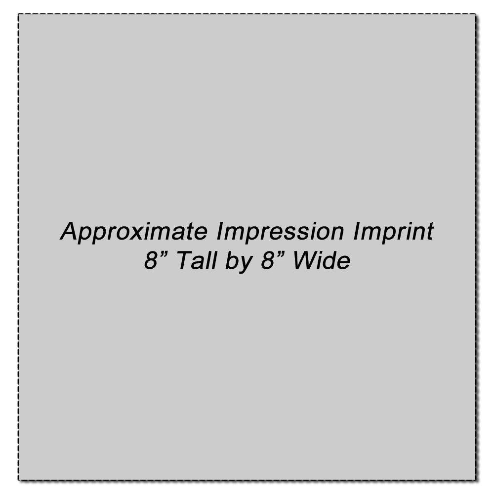 Approximate impression imprint size 8-inch tall by 8-inch wide label for product printing and placement guidance.