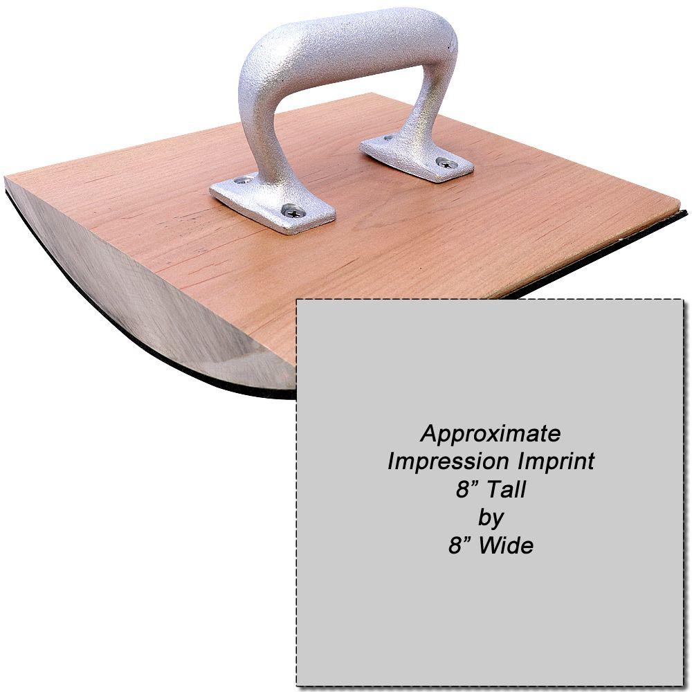Wood-handled metal stamp press showing approximate impression area 8-inch tall by 8-inch wide for custom printing