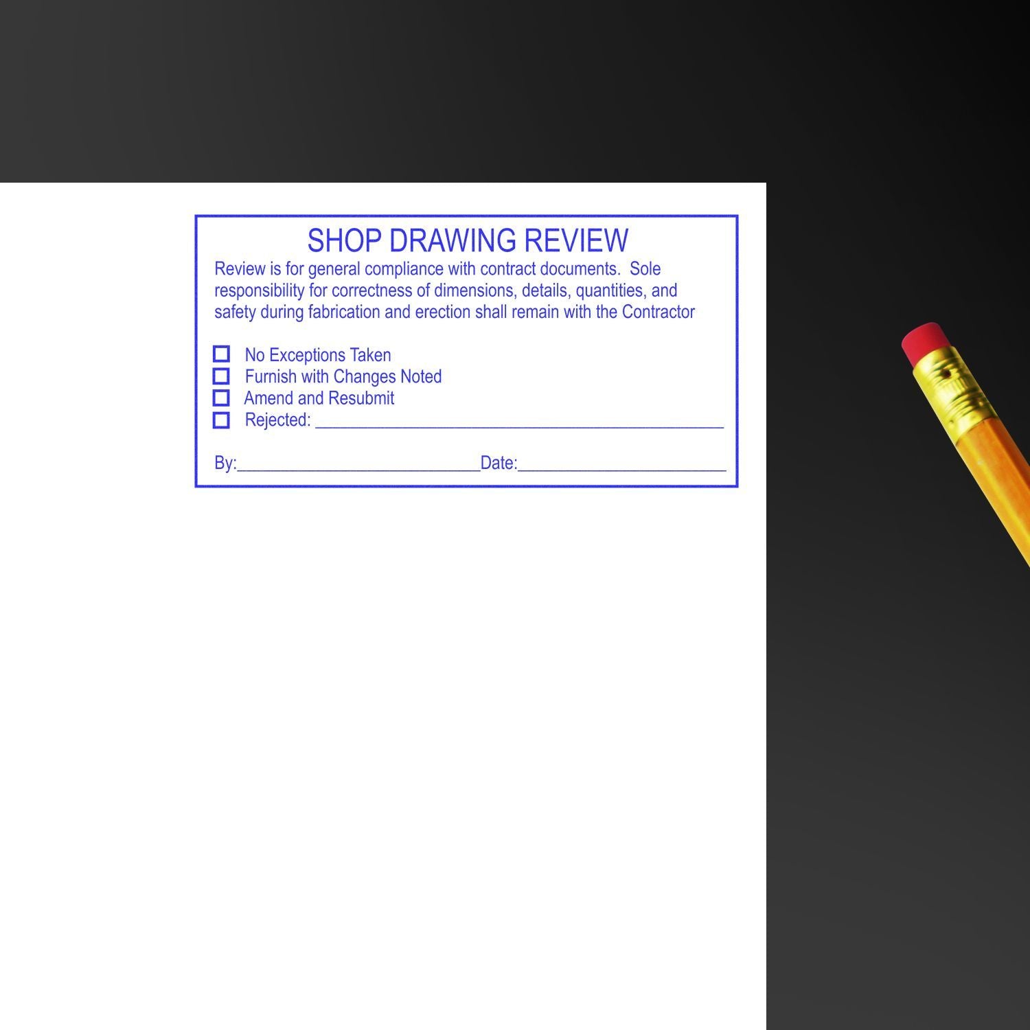 Shop drawing review stamp on construction blueprint with pencil, indicating contract document approval status.