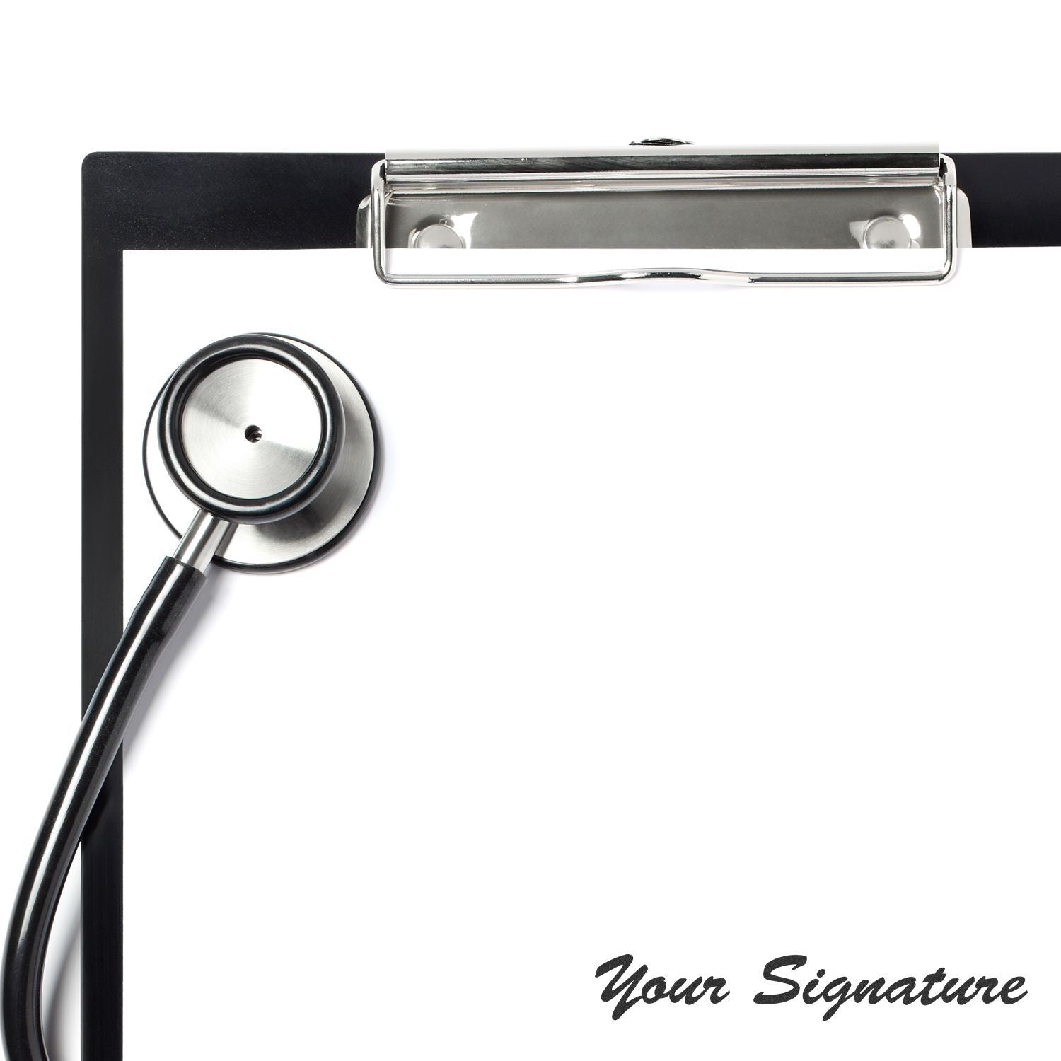Medical clipboard with stethoscope and Your Signature text, healthcare document signing concept.