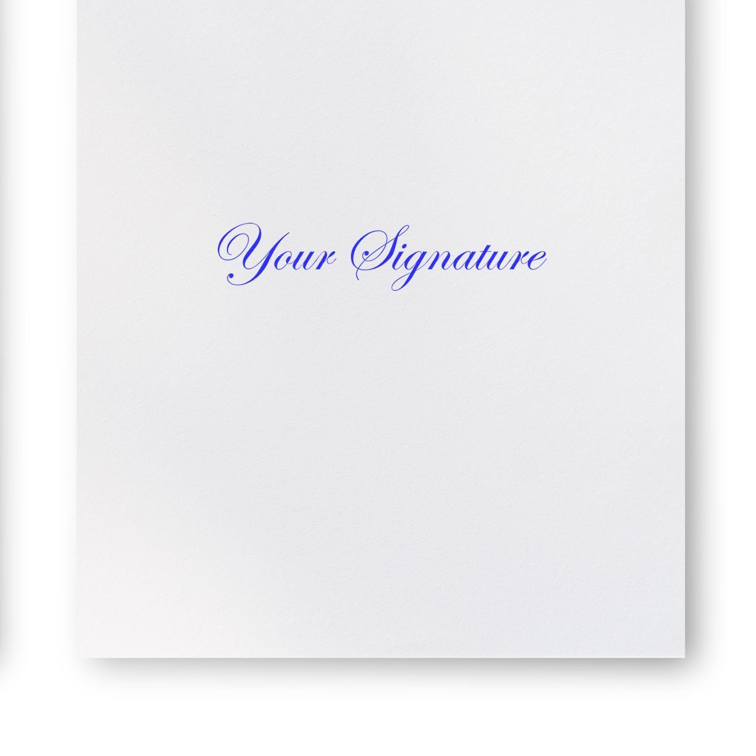 Elegant blue cursive Your Signature on white textured paper, minimalist branding mockup.