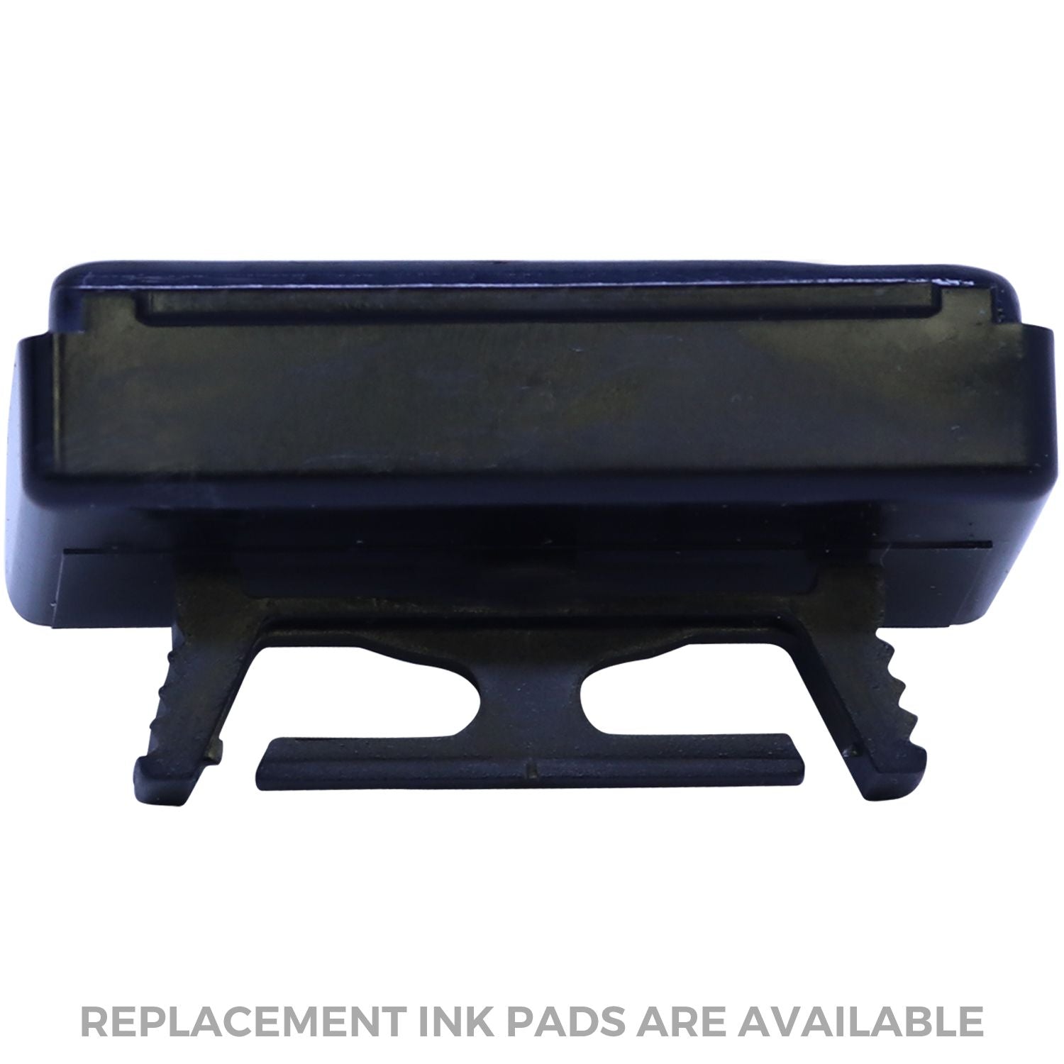 Black replacement ink pad cartridge for a self-inking stamp, shown on a white background with durable plastic holder.