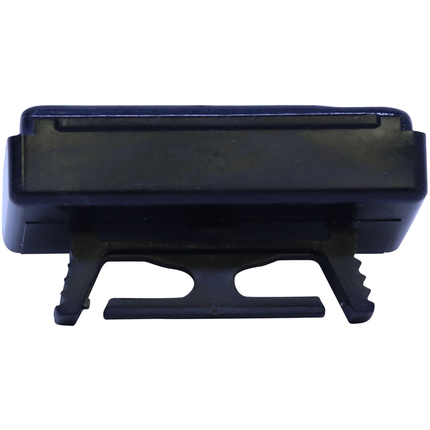 Black plastic mounting clip bracket with dual grip tabs on a white background