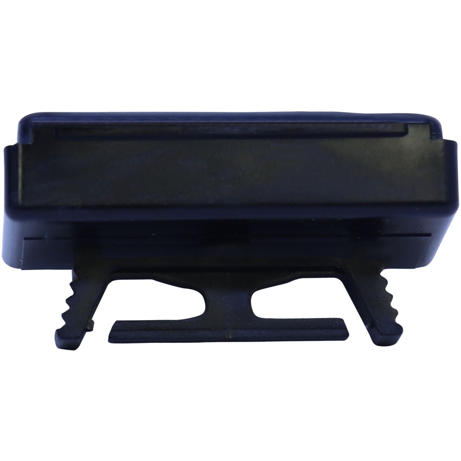 Black plastic adjustable device stand with grip feet on a white background