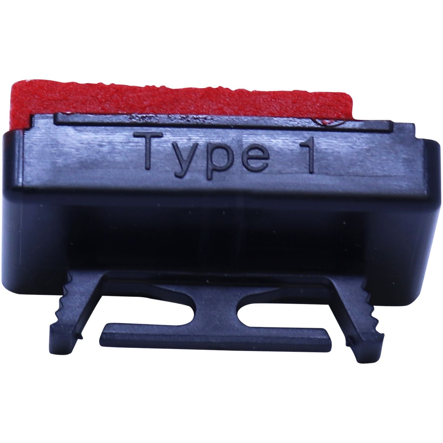 Black Type 1 plastic clip with red foam padding, isolated on white background.