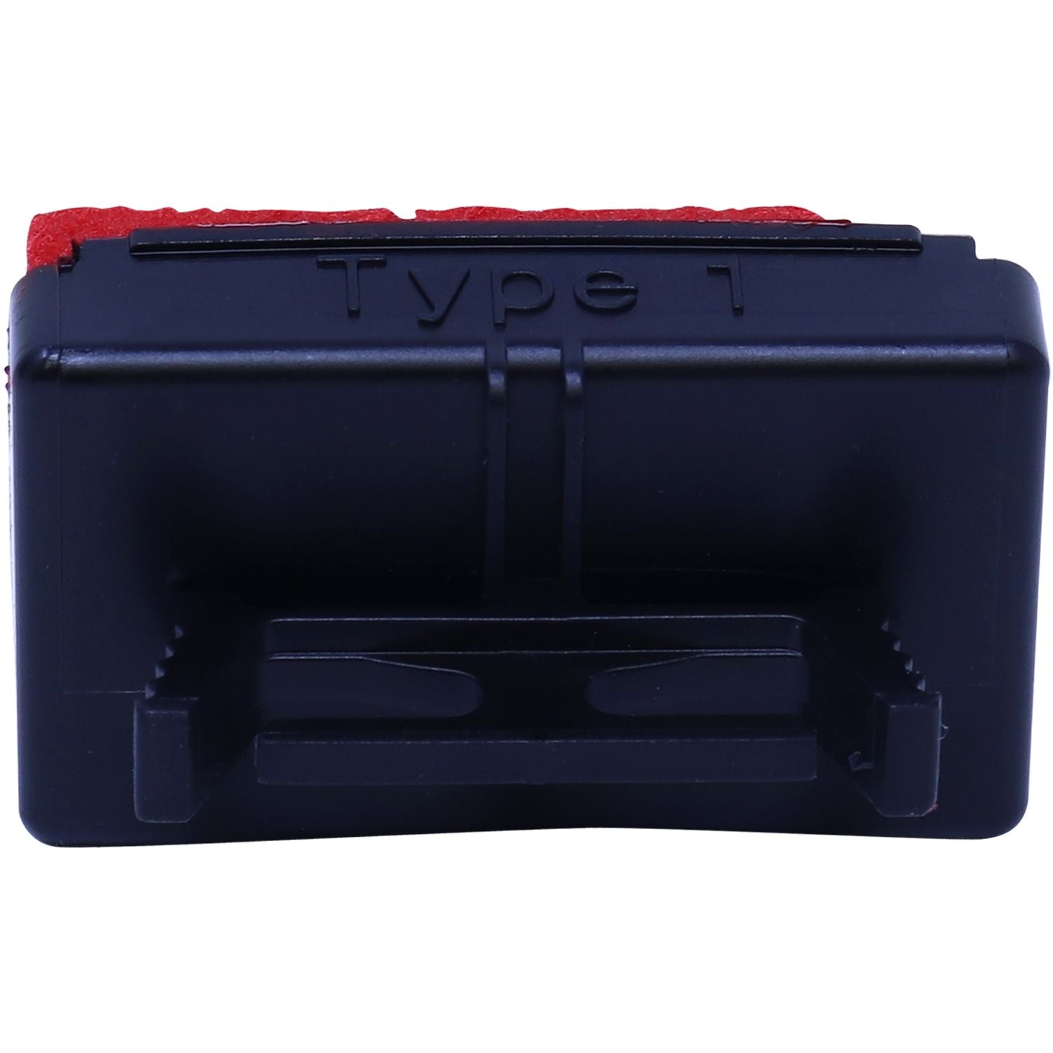 Black Type T plastic accessory with red foam backing on a white background