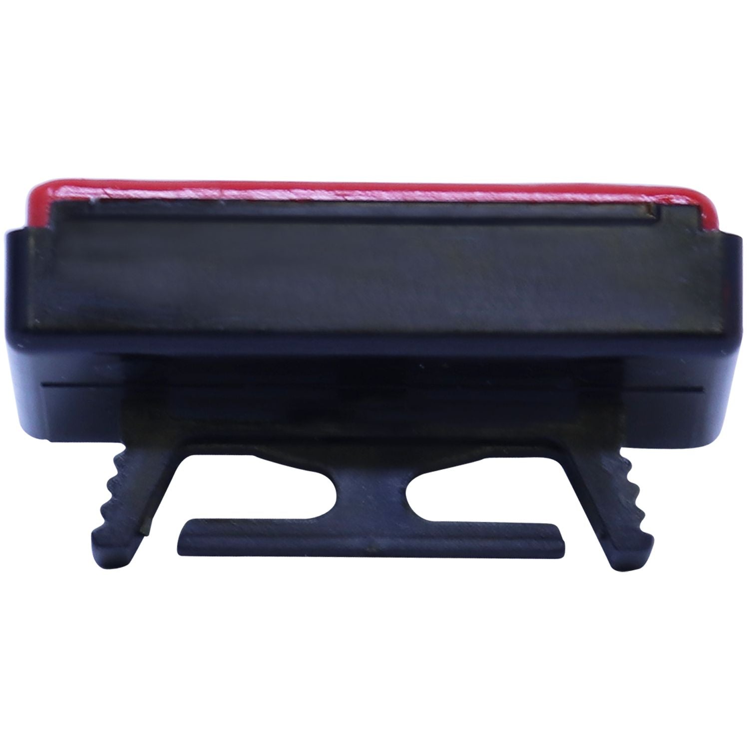 Black and red plastic mounting clip with serrated grip base on a white background