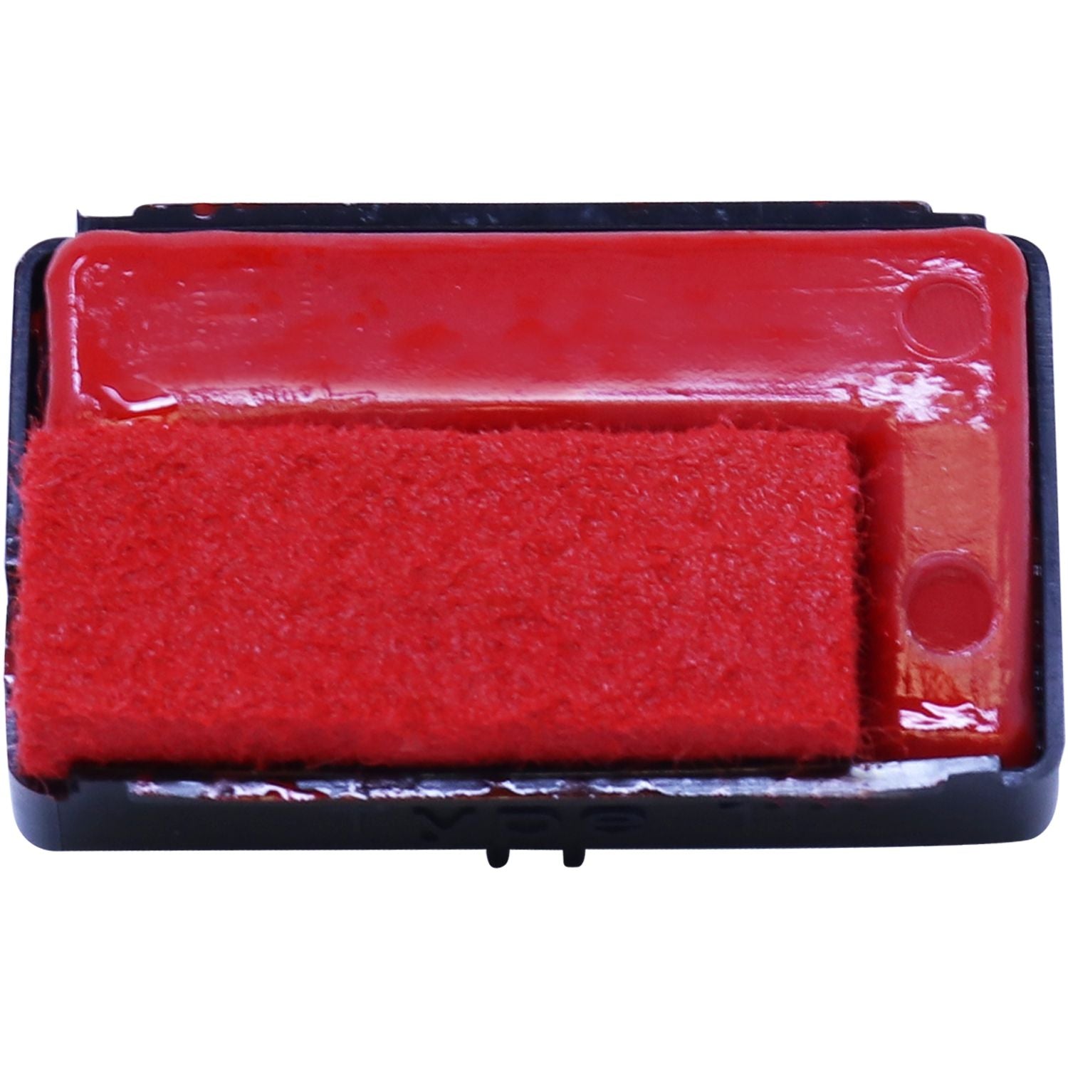 Red ink stamp pad in black plastic case, close-up office supply accessory