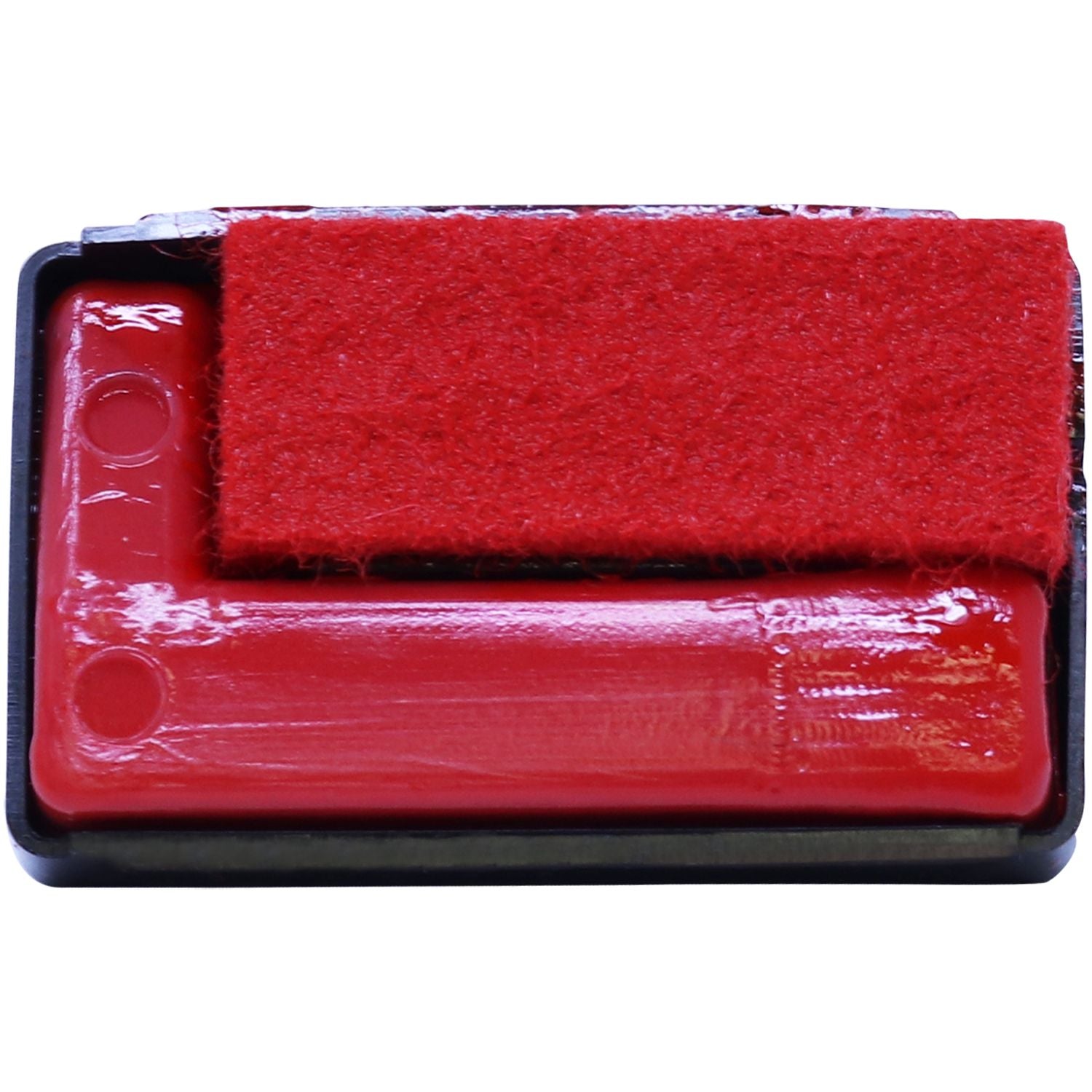 Red self-inking stamp pad with black plastic case and red felt ink surface.