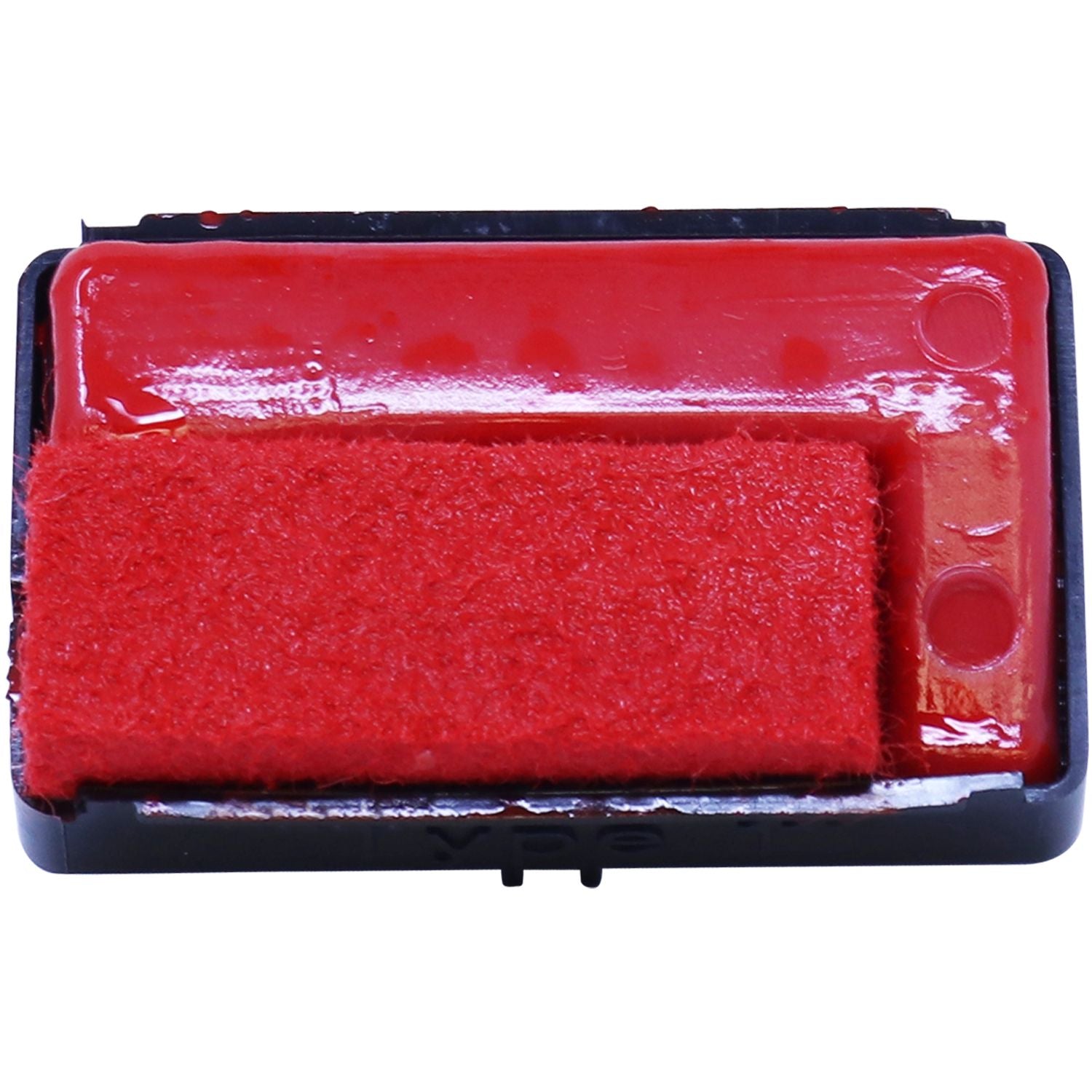 Red self-inking stamp ink pad in black plastic case, close-up on white background.