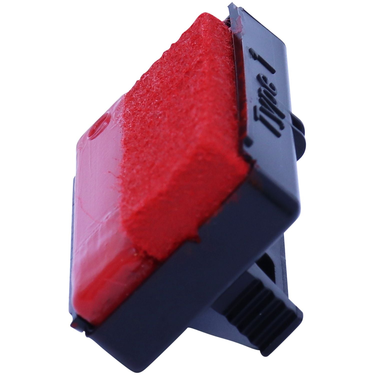 Close-up of a red self-inking stamp pad with black plastic holder on a white background.