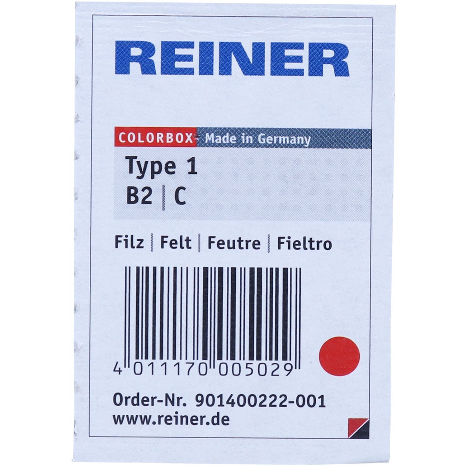 REINER Colorbox Type 1 B2 C felt ink pad packaging, made in Germany, with barcode and product label.