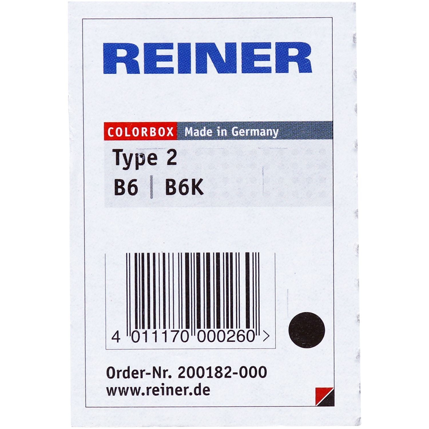 REINER Colorbox Type 2 B6 B6K label with barcode, Made in Germany product packaging tag.