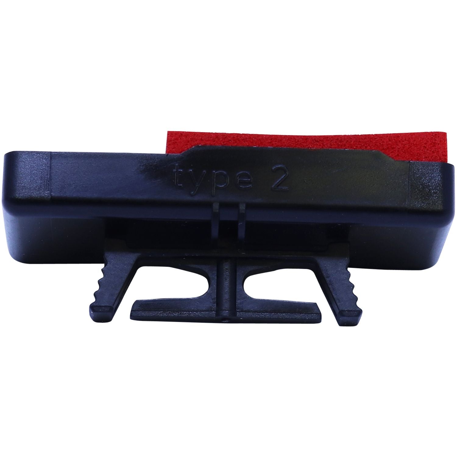 Black Type 2 windshield wiper blade adapter with red insert on white background