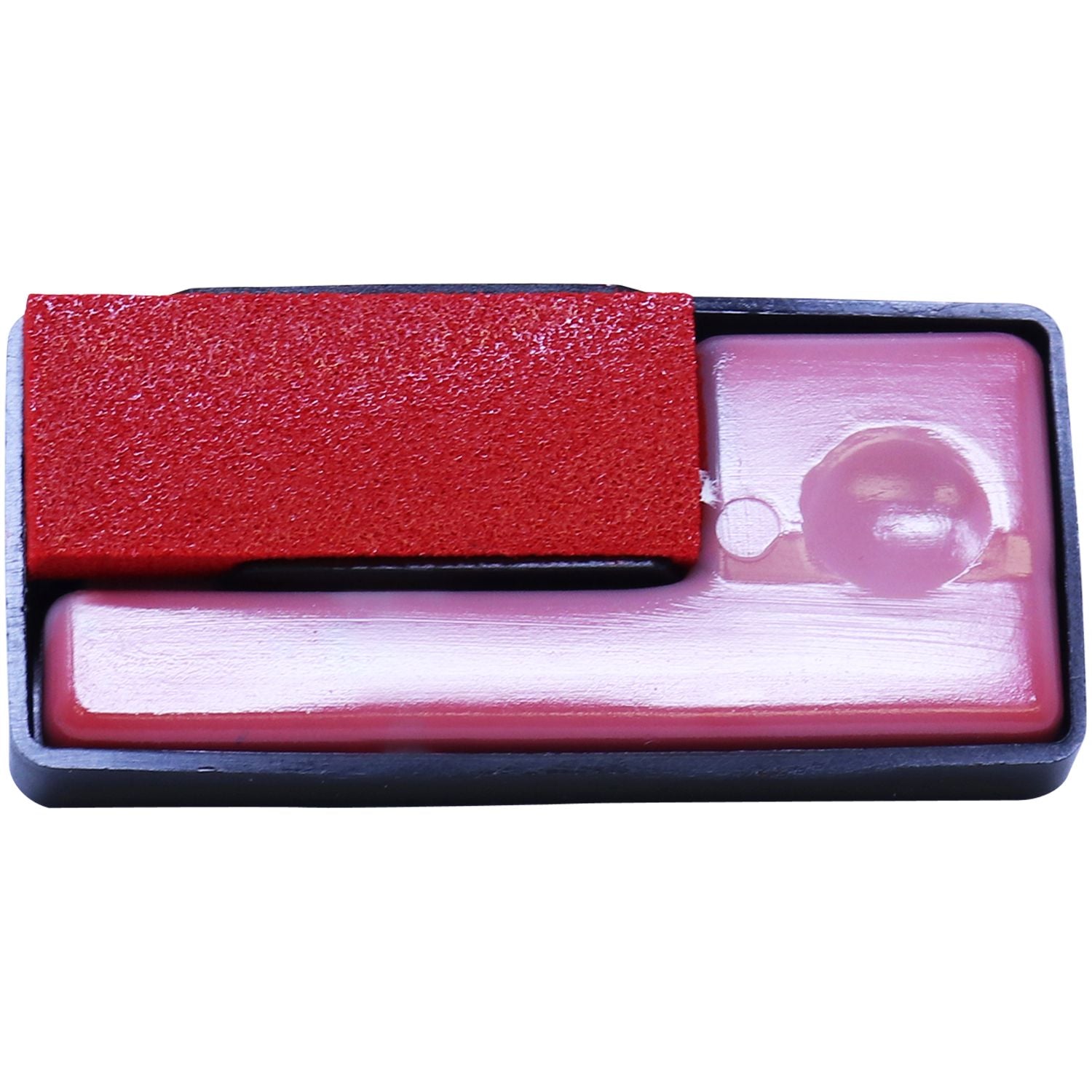 Close-up of a red and pink rectangular plastic stamp or ink pad in a black case on a white background.