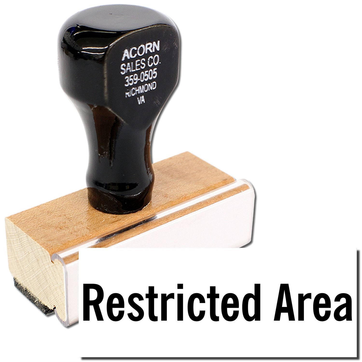 Close-up of a Restricted Area self-inking rubber stamp on a white background.