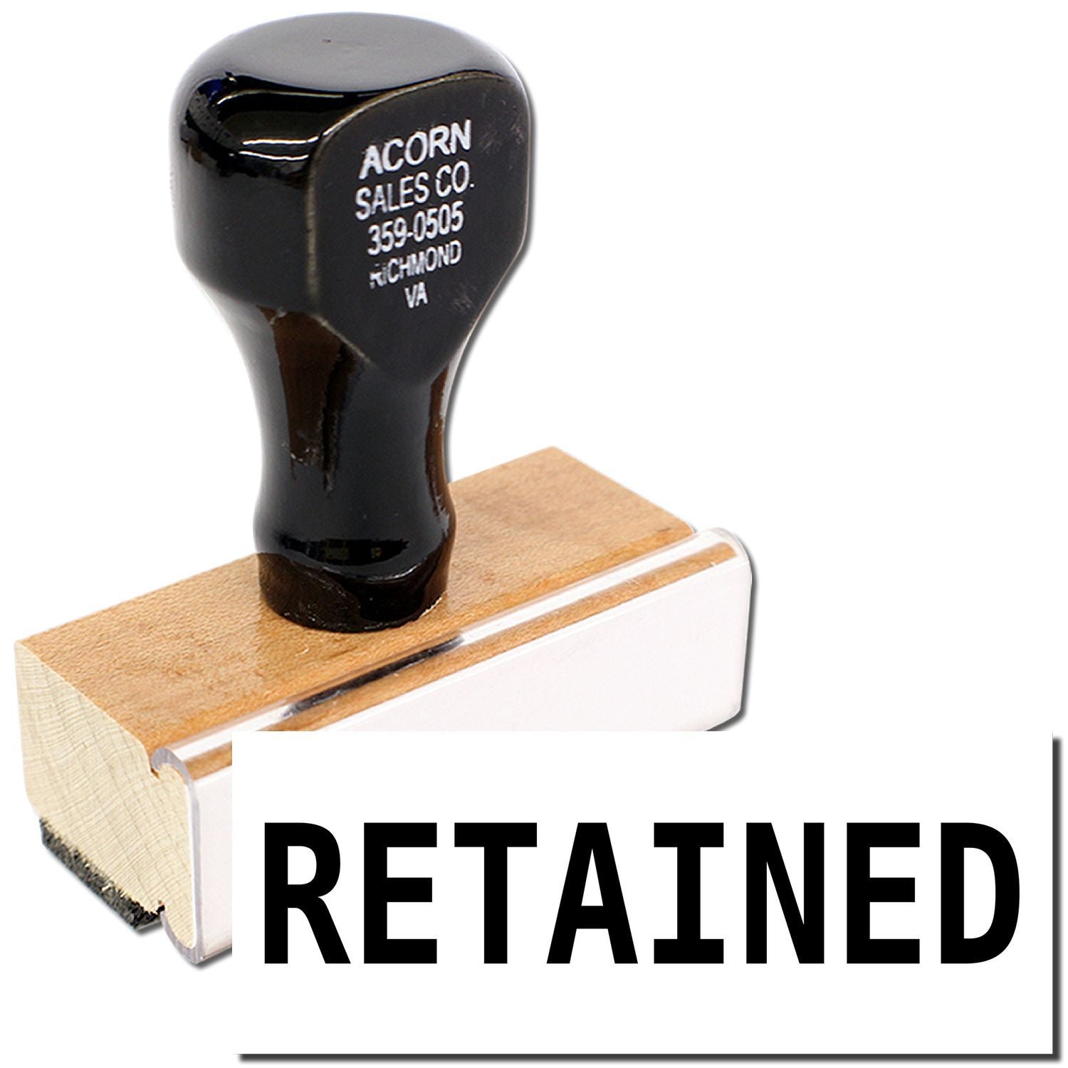 Retained rubber stamp with black handle and wooden base on white background.