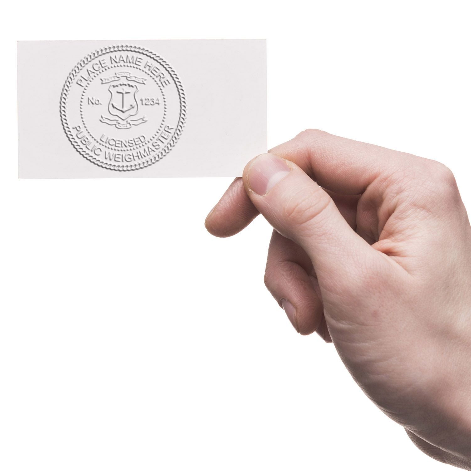 Hand holding a business card with embossed public weighmaster license seal on white background