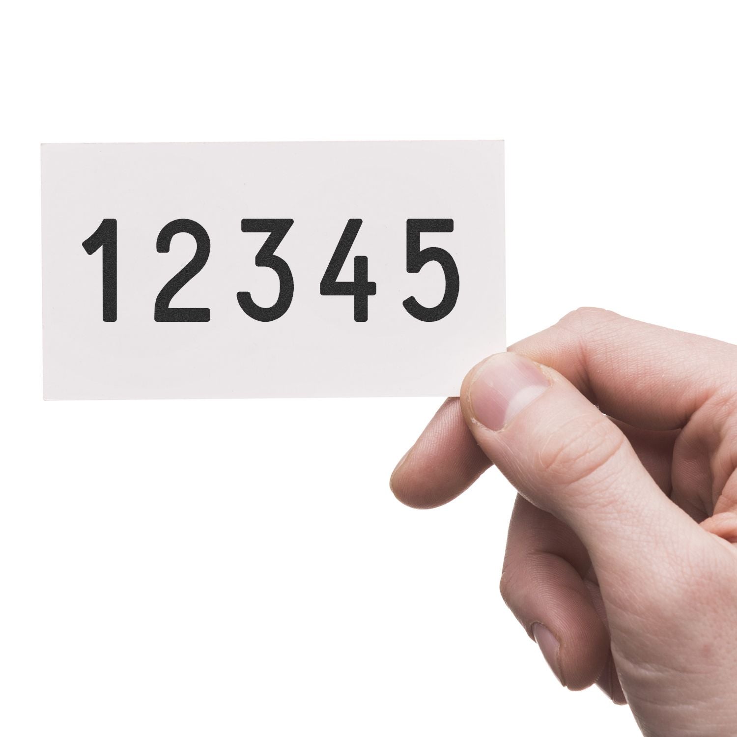 Hand holding a white card with black numbers 12345 on a white background.