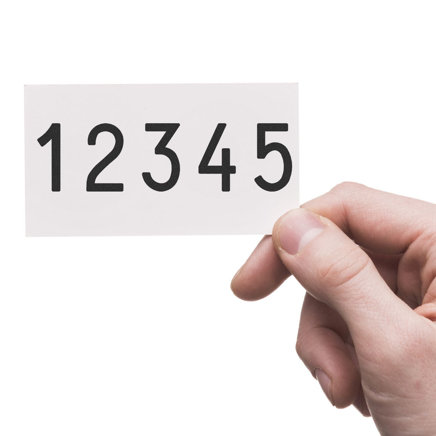 Hand holding a card with numbers 12345 on a white background.