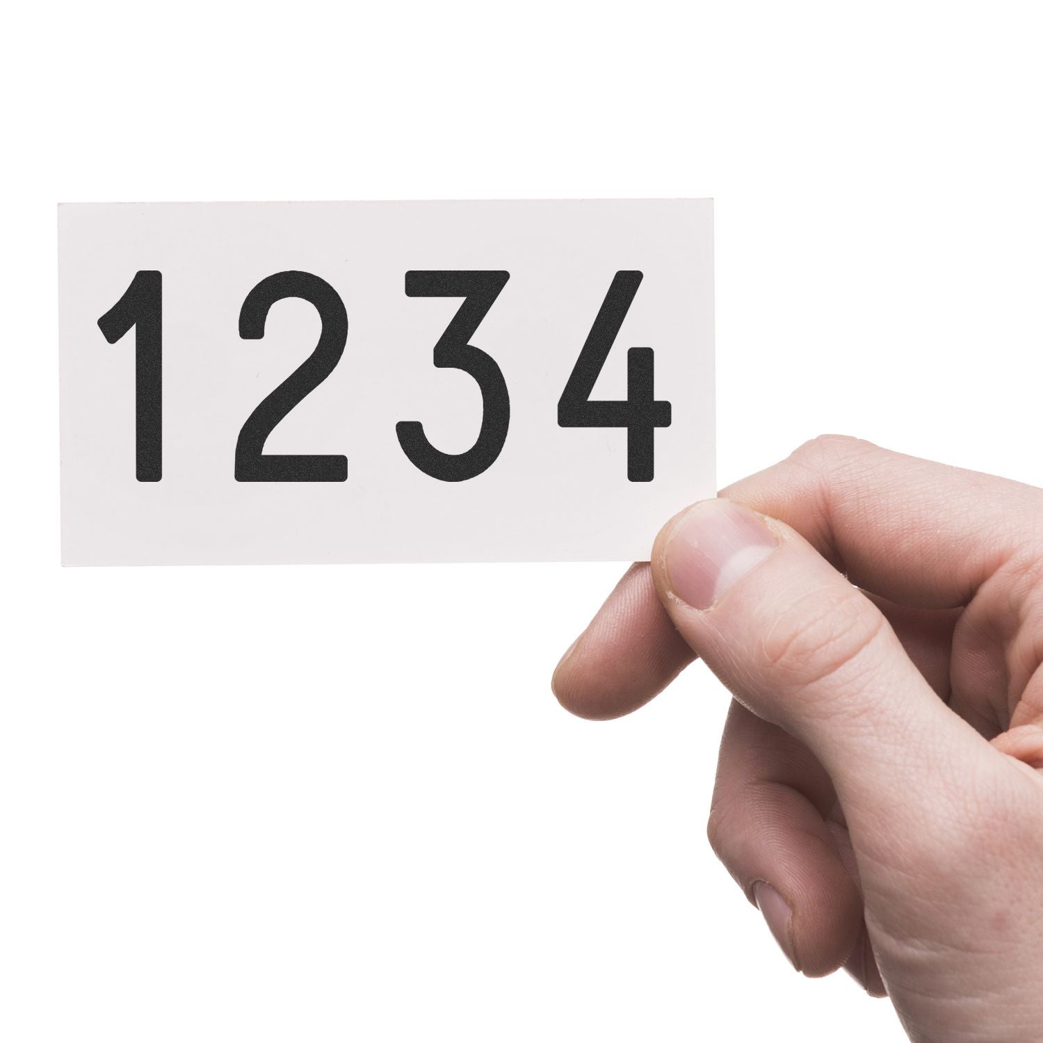 Hand holding a white card with bold black numbers 1234 on a clean white background.