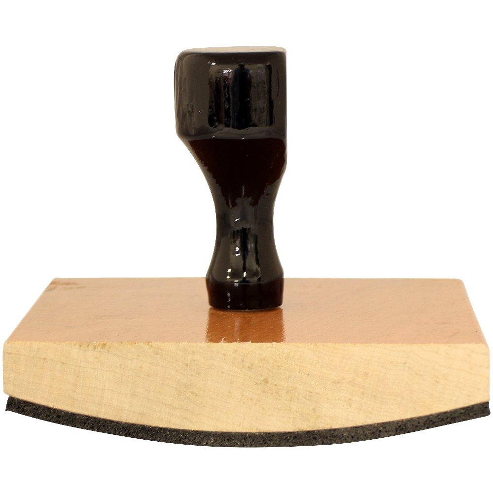 Black rubber stamp on wooden block for stamping documents, labels, and crafts with ink.