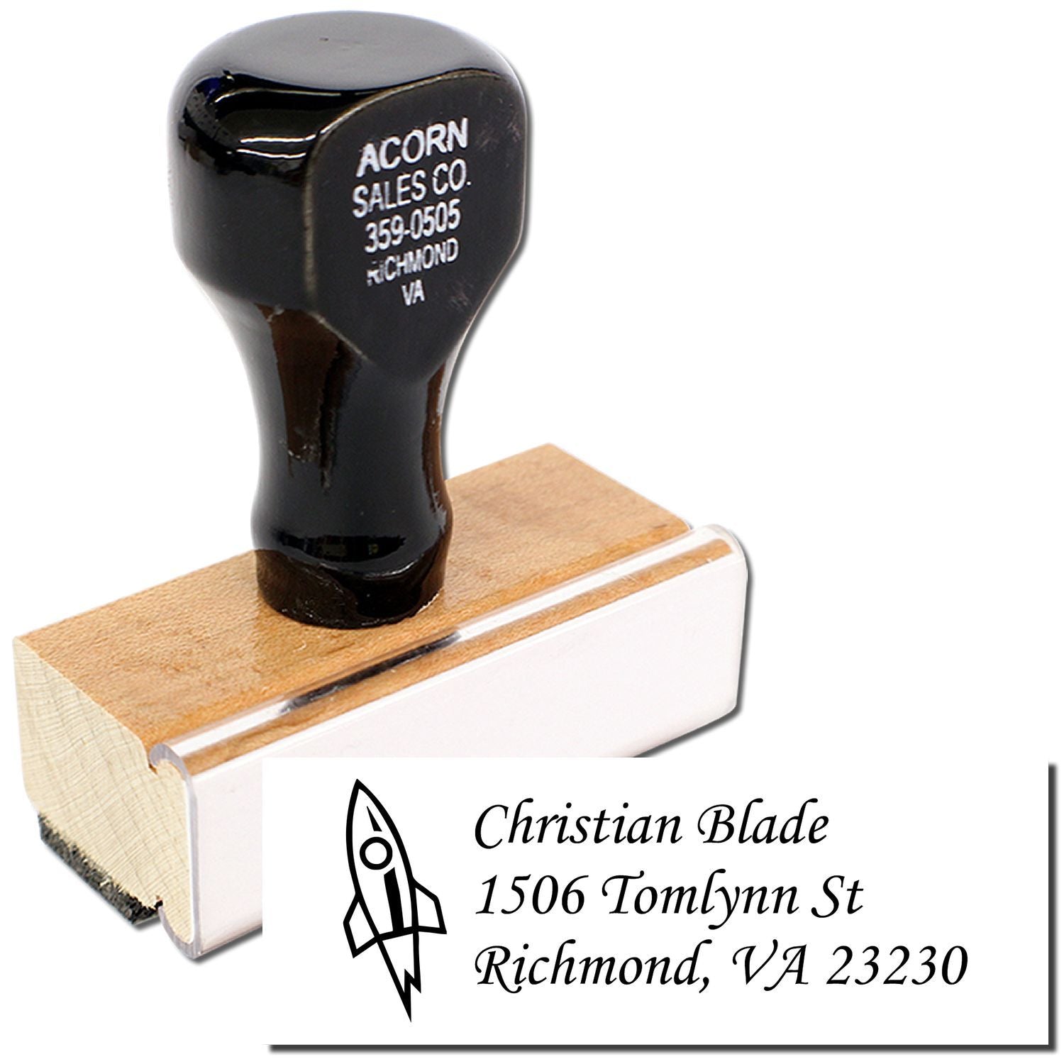 Custom wooden rubber stamp with return address and rocket logo for Christian Blade, Richmond VA 23230.