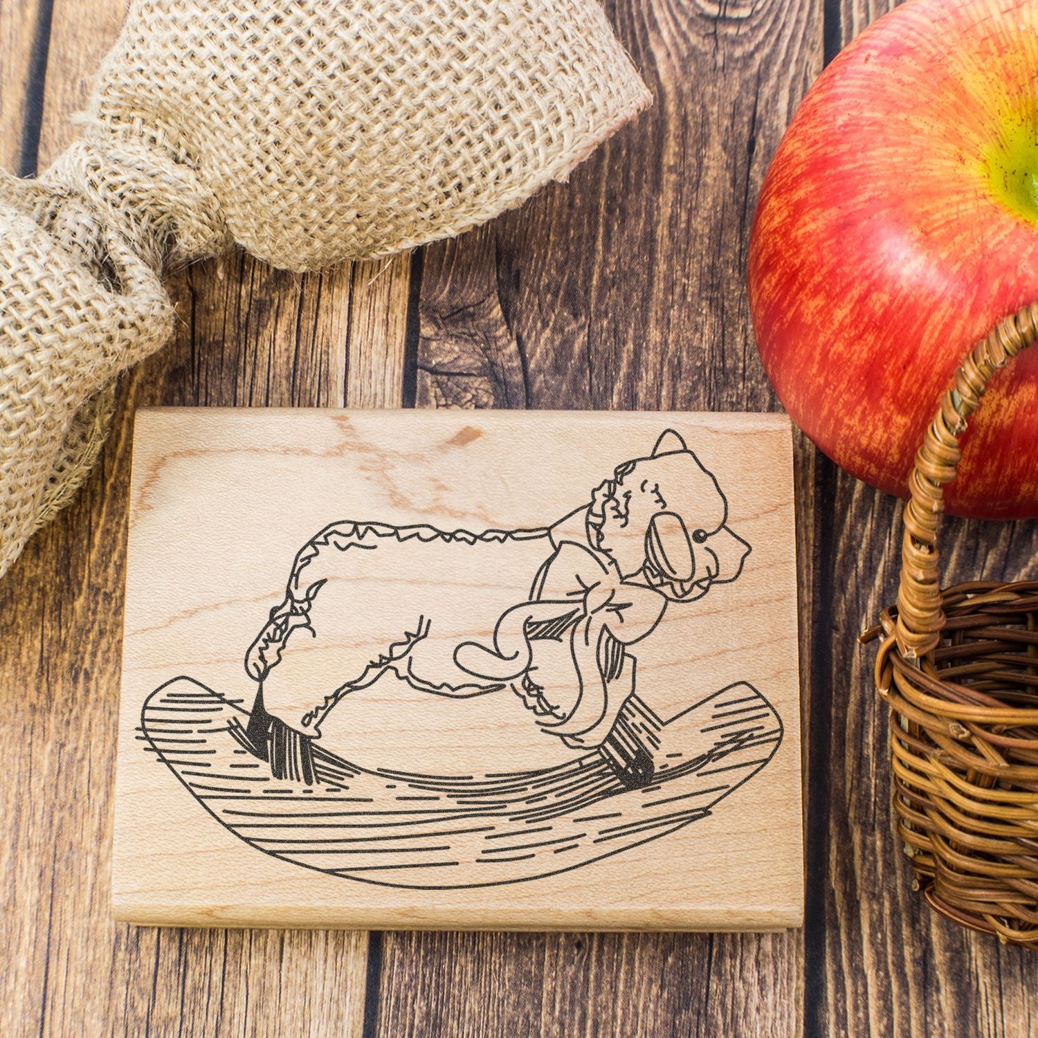 Rustic apple stamp on wood with burlap and basket, perfect autumn harvest dcor or farmhouse kitchen craft design