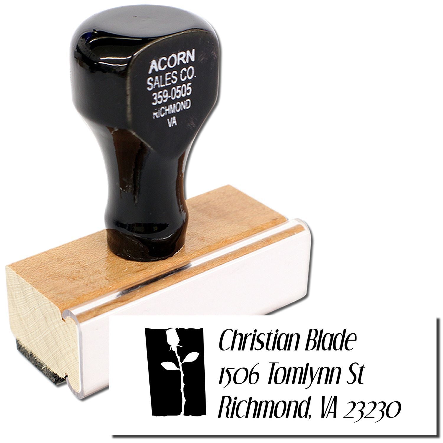 Custom wood handle rubber stamp with personalized business address imprint for office mailing and branding.