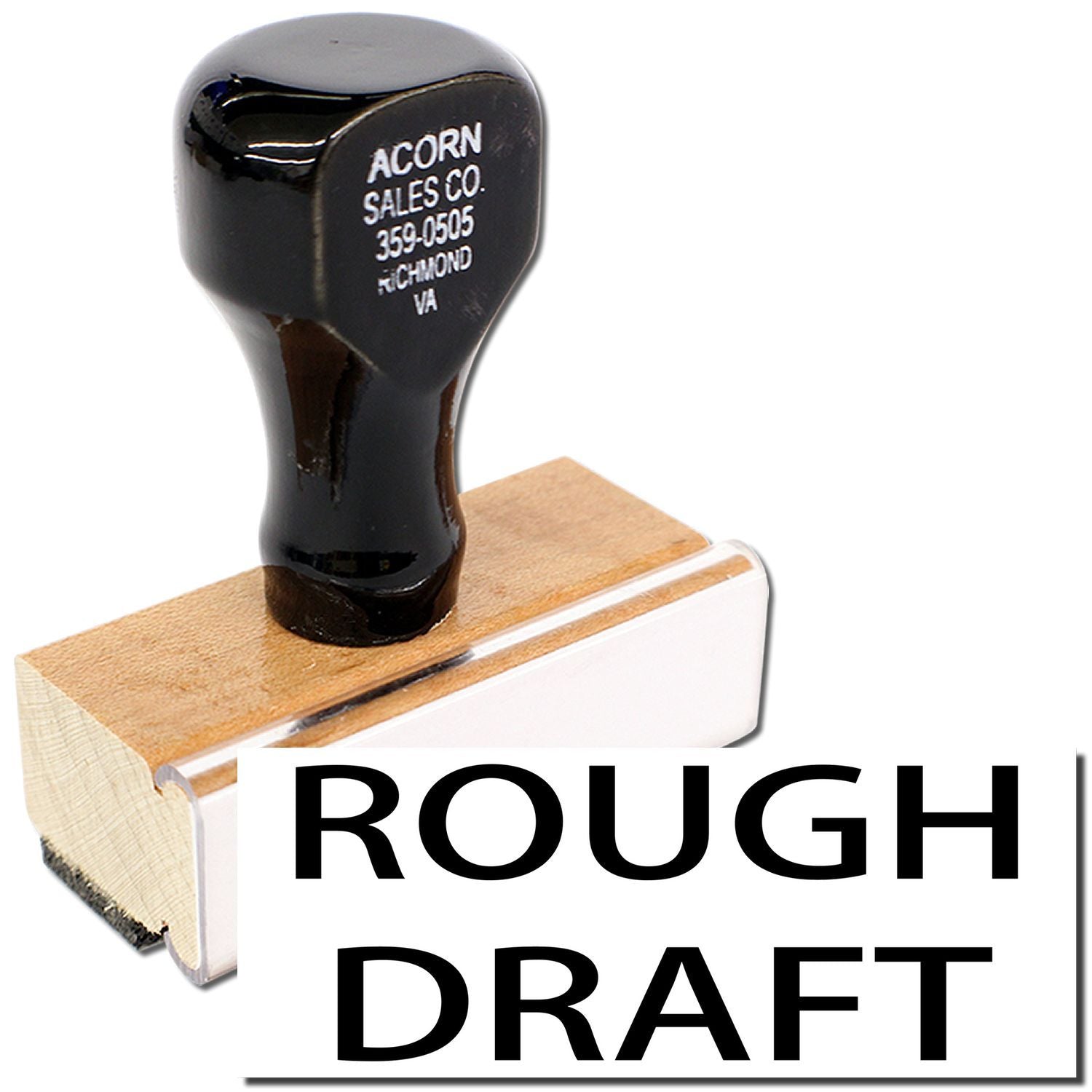 Rough draft rubber stamp with black handle on a wooden base, isolated on white background.