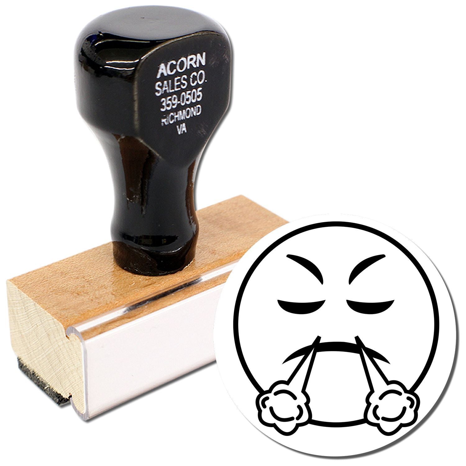 Black custom rubber stamp with wooden handle and angry emoji design, Acorn Sales Co. logo imprint.