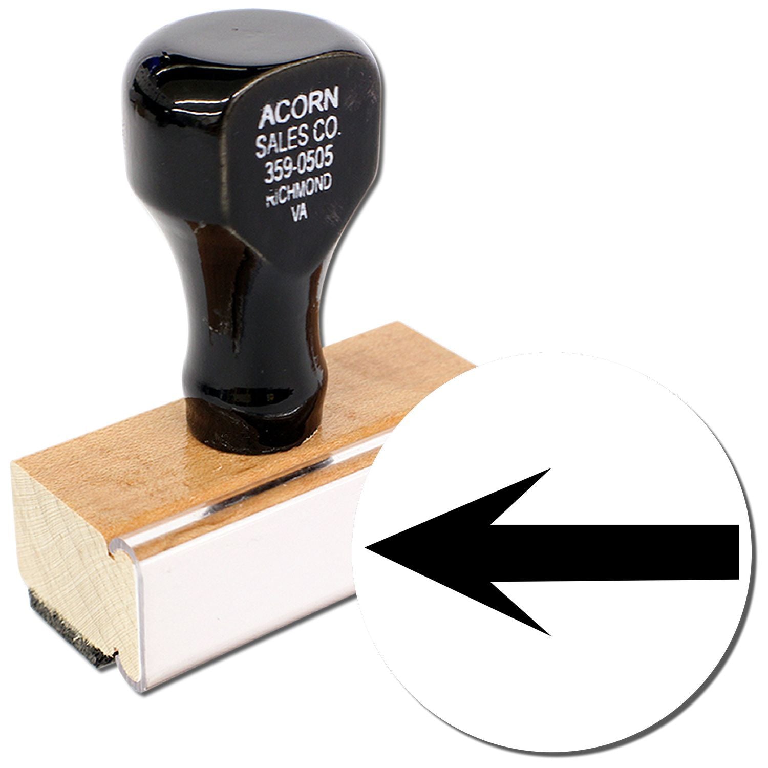 Black custom rubber stamp with left arrow icon on wooden handle.