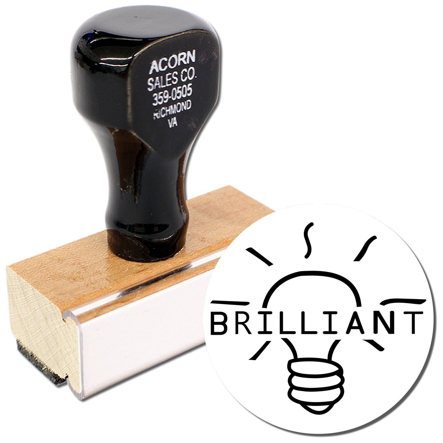 Black custom rubber stamp with wooden base and BRILLIANT lightbulb logo on a white background