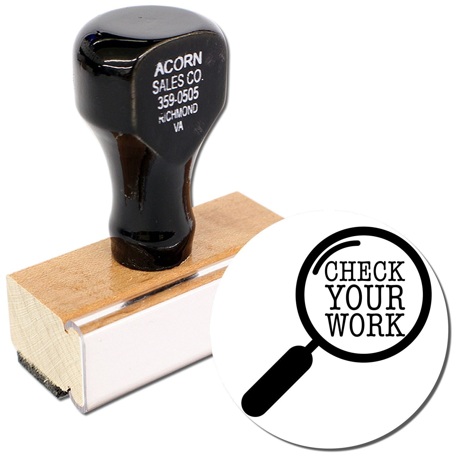 Black self-inking rubber stamp with Check Your Work magnifying glass design on wooden base