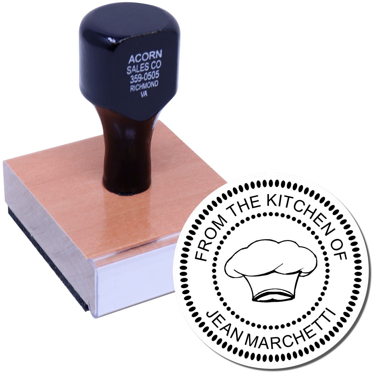 Custom rubber stamp with chef logo and ink pad, personalized From the Kitchen of Jean Marchetti kitchen stamp.