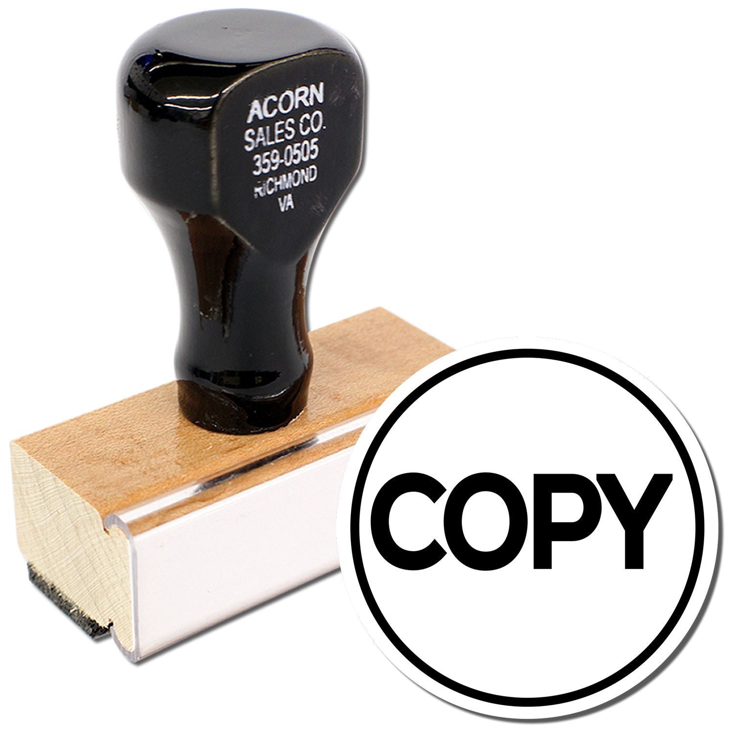 Black rubber copy stamp with wooden handle, office document marking stamp isolated on white background.