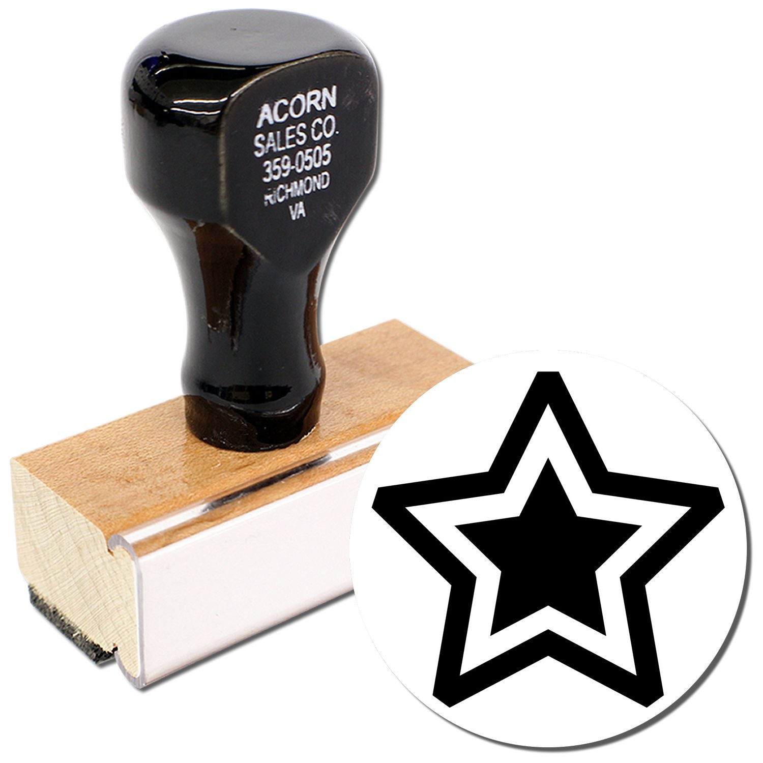 Custom black rubber stamp with star logo on wooden handle