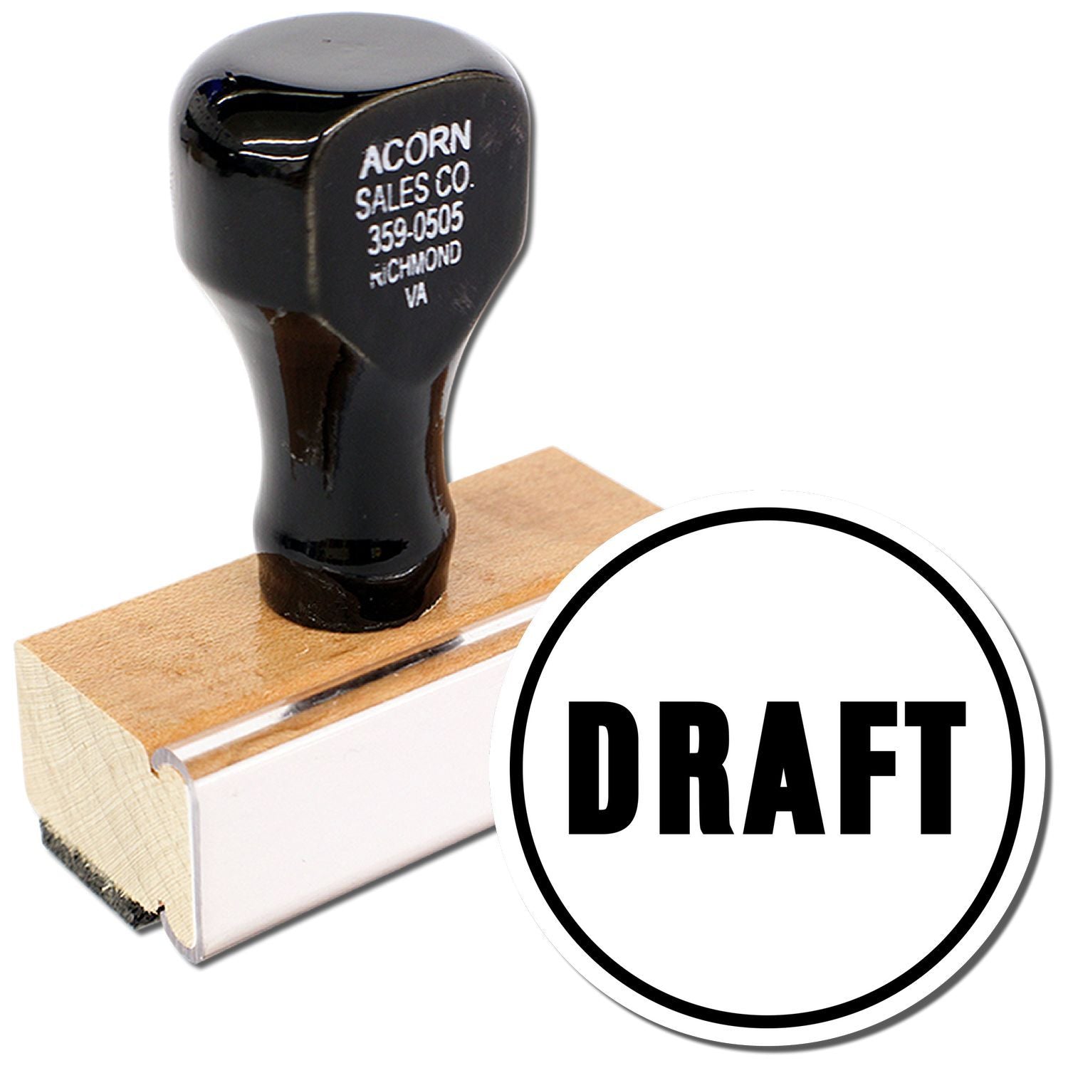 Black DRAFT rubber stamp on wooden handle, office approval stamp tool.