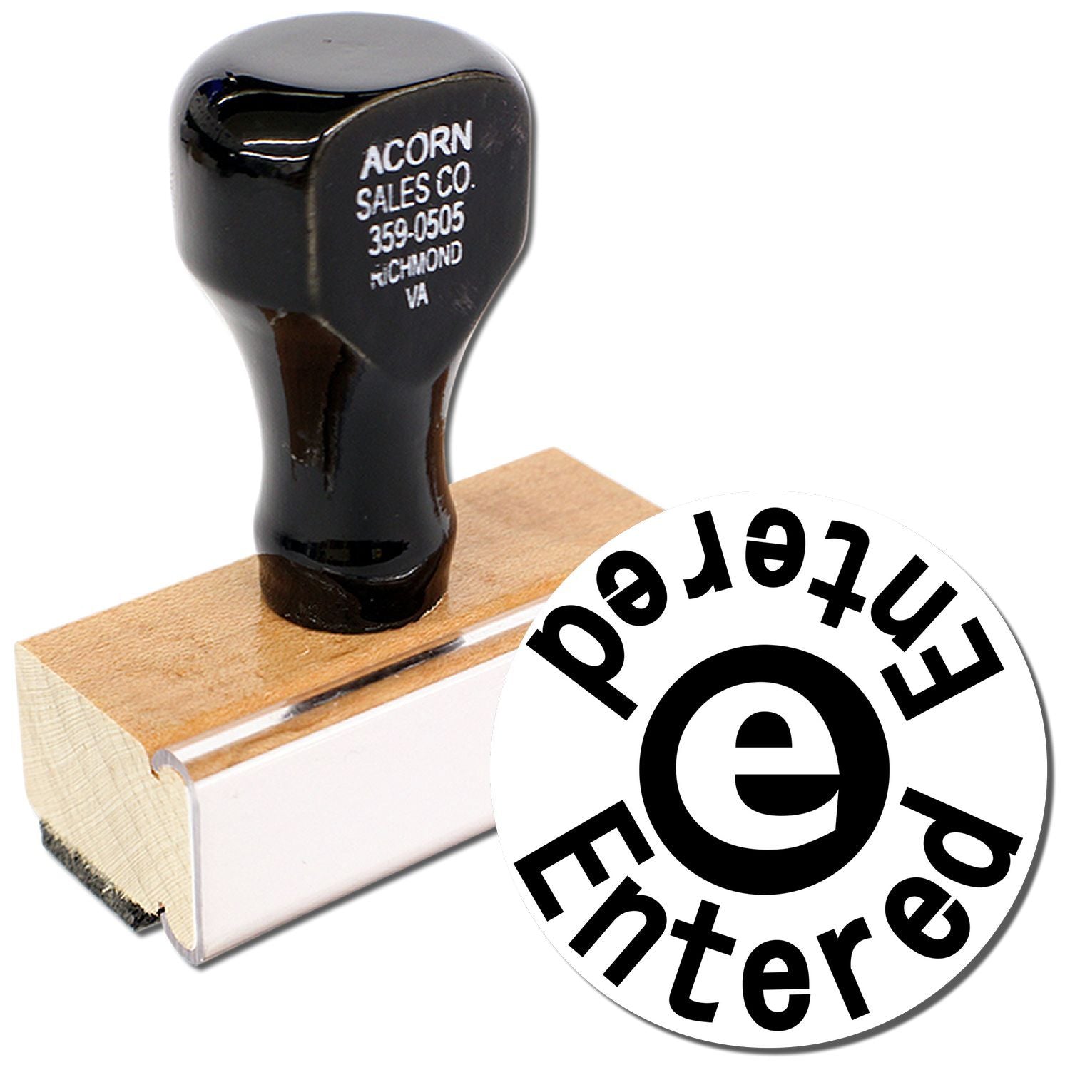 Self-inking e entered stamp with wood handle for business mail and document processing
