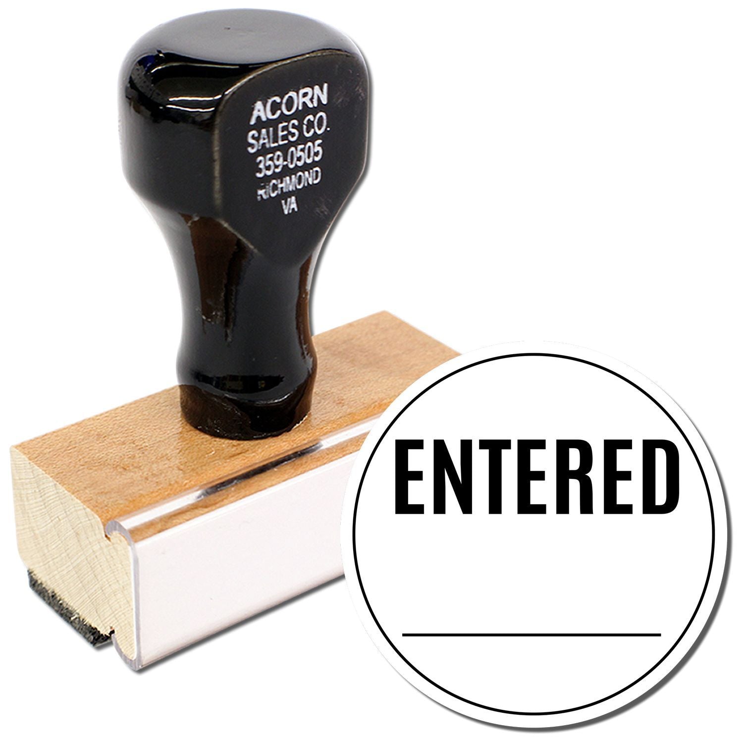 Black self-inking ENTERED rubber stamp with wooden handle and custom business imprint on white background