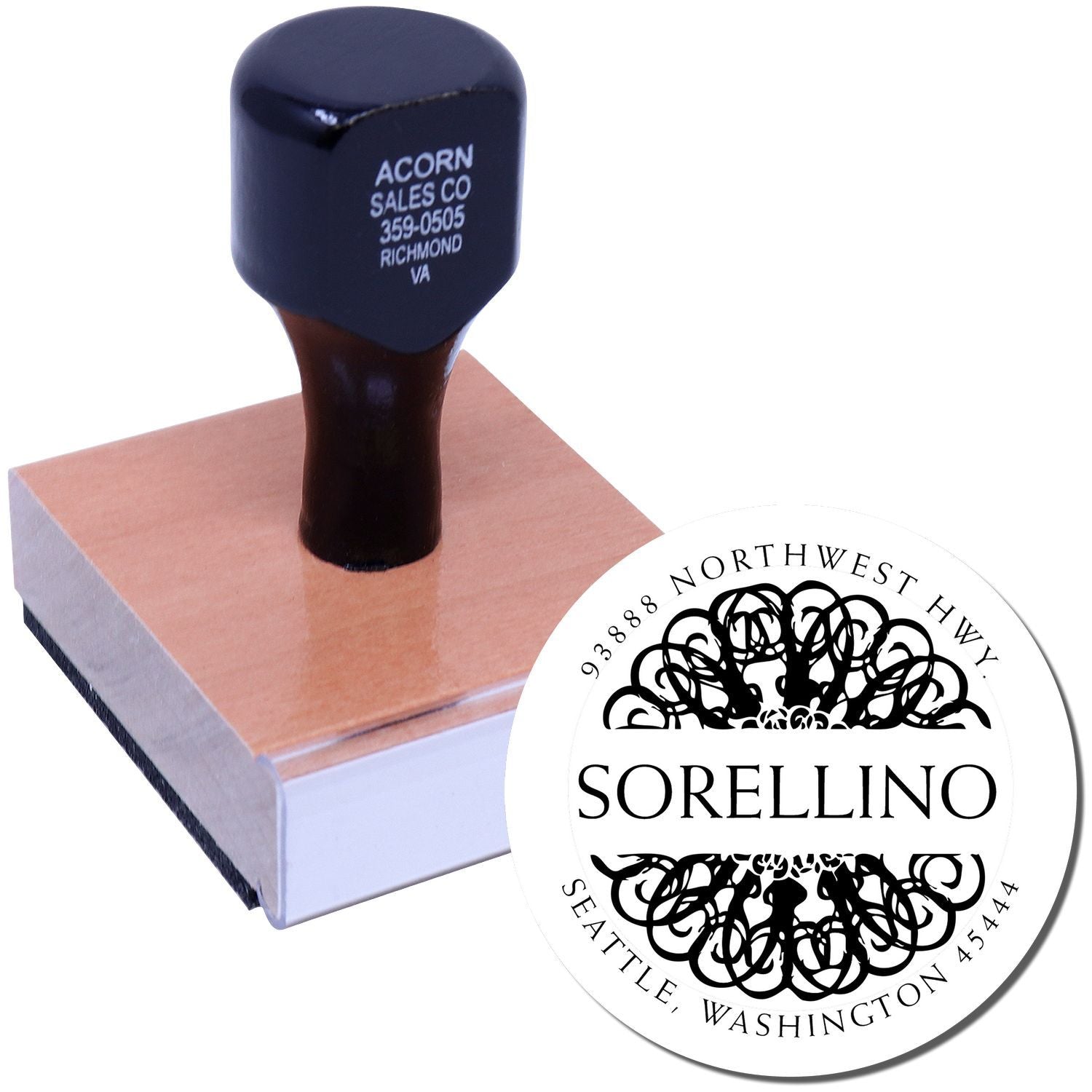 Custom rubber stamp on ink pad with branded logo seal imprint for business packaging and address use.