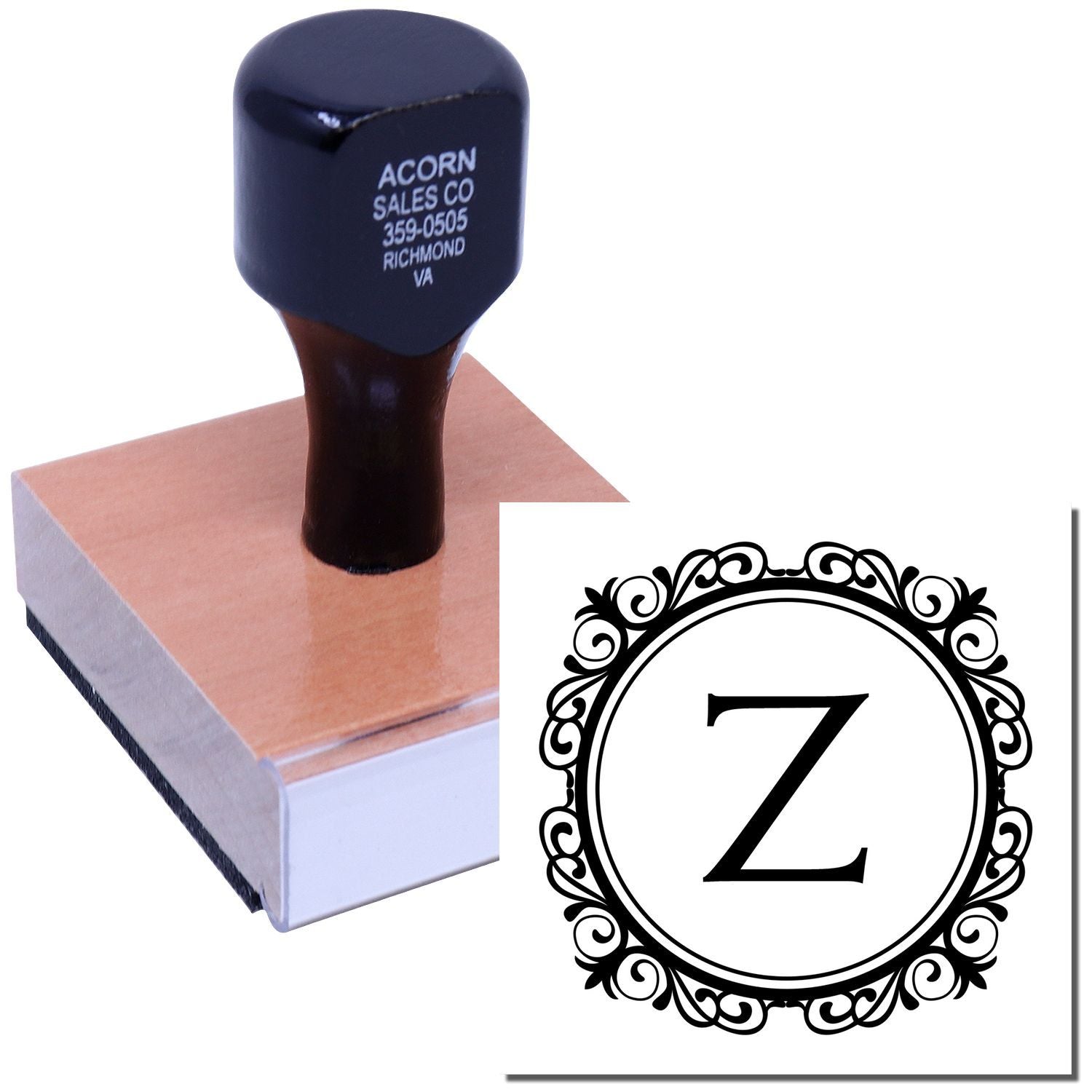 Custom rubber stamp featuring ornate letter Z monogram for personalized stationery, branding, and craft projects.