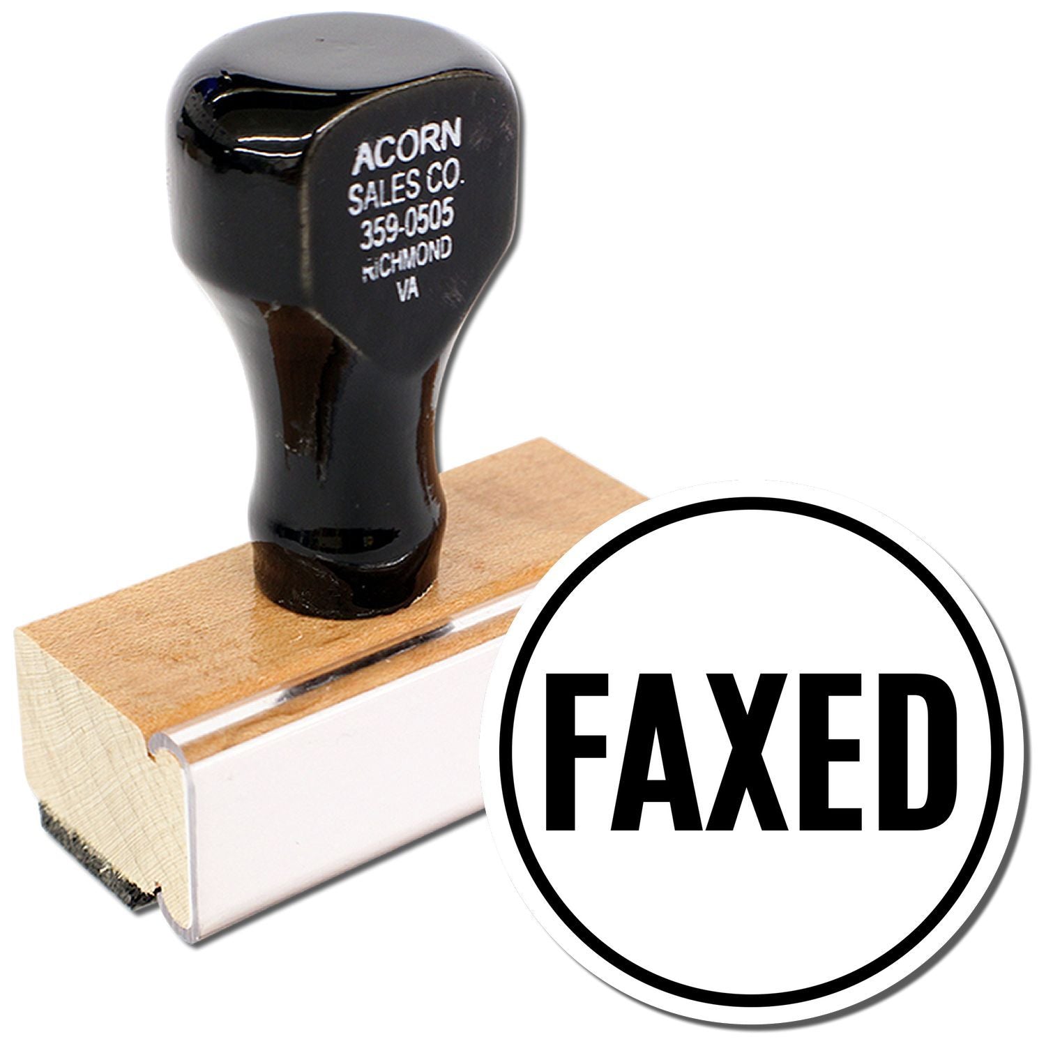 Black FAXED rubber stamp with wooden base and custom business imprint, office approval stamp icon.