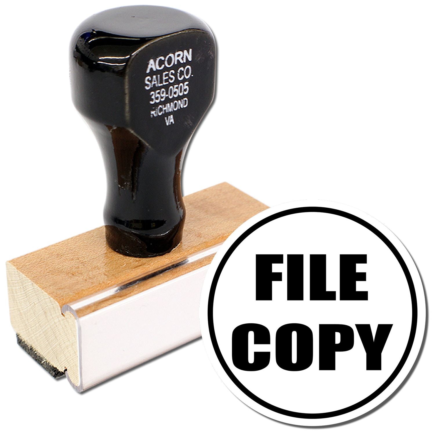 Black rubber file copy stamp on wooden handle, custom office stamp with Acorn Sales Co. imprint.