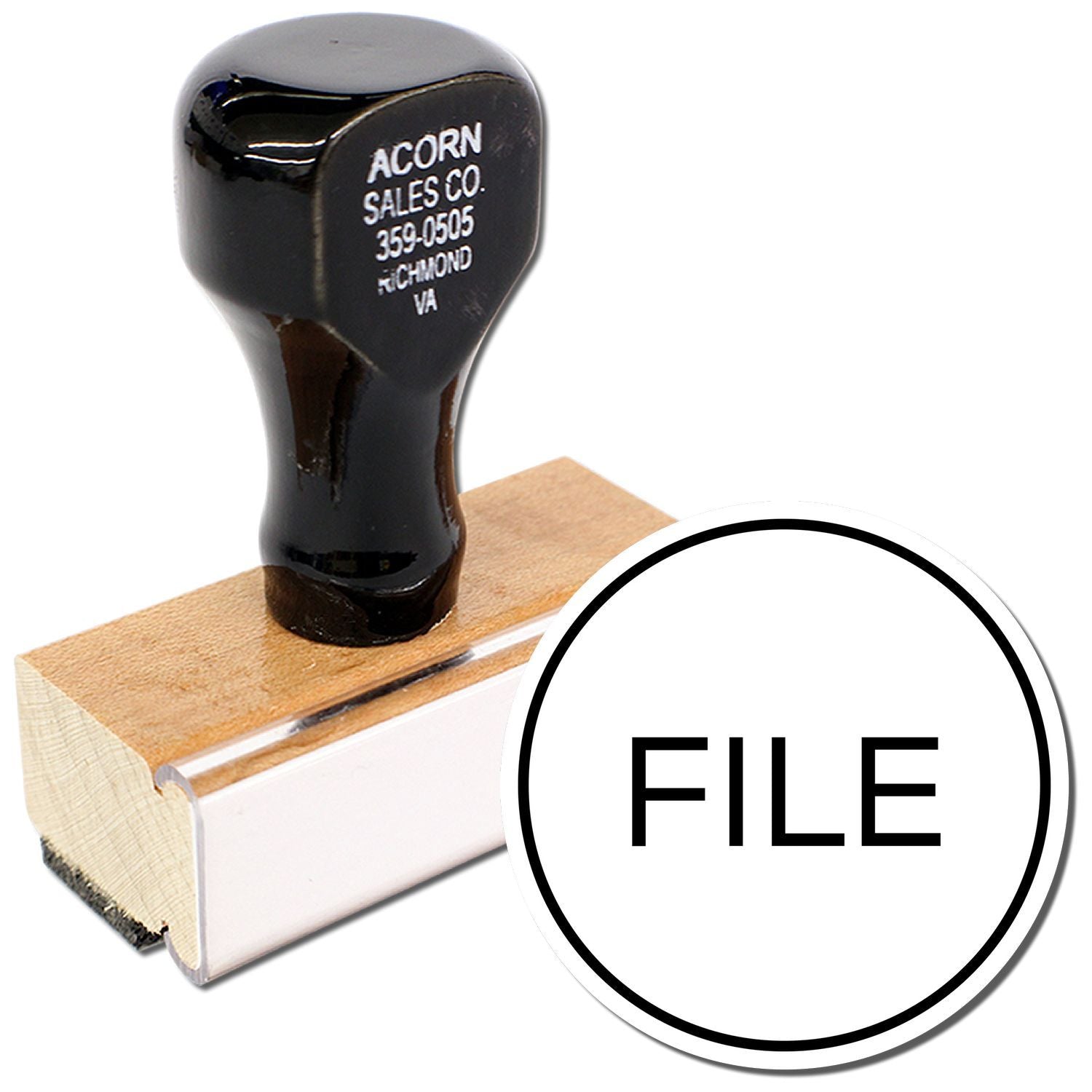 Custom file rubber stamp with black handle and wooden base for office document marking