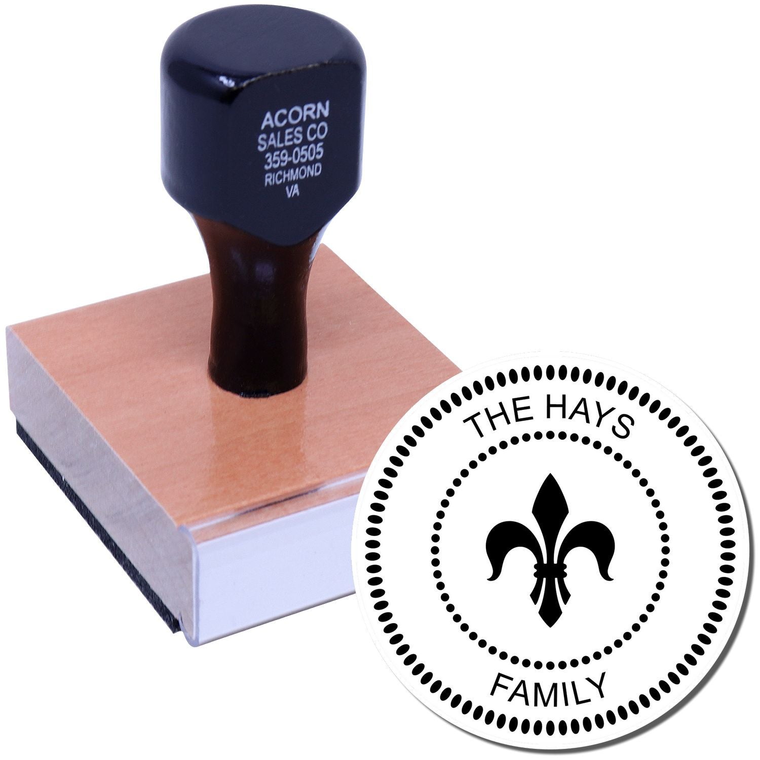 Custom rubber stamp with wood handle and fleur-de-lis family monogram design for personalized address or branding use.