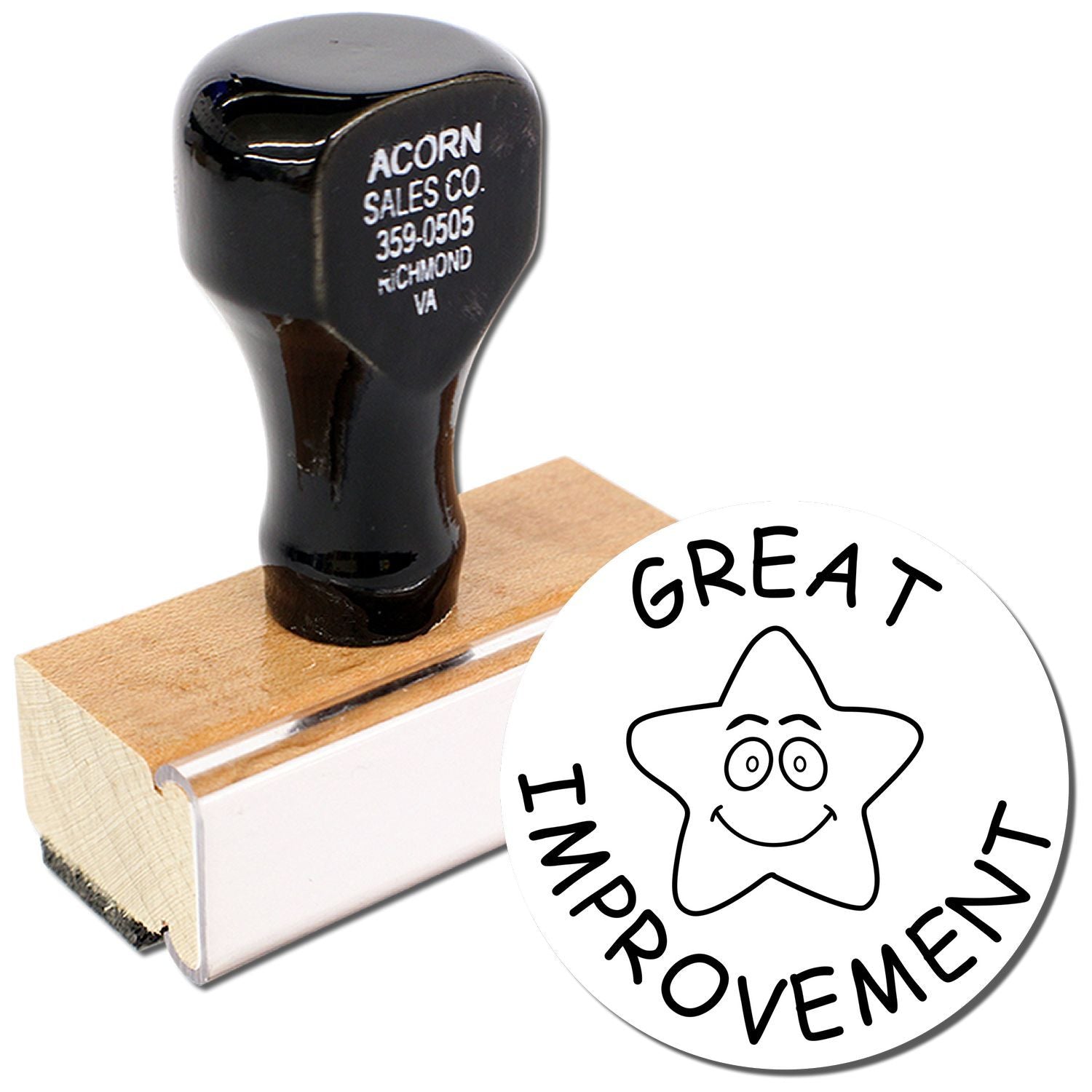 Custom self-inking rubber stamp with wooden handle and Great Improvement logo, Acorn Sales Co. stamp design