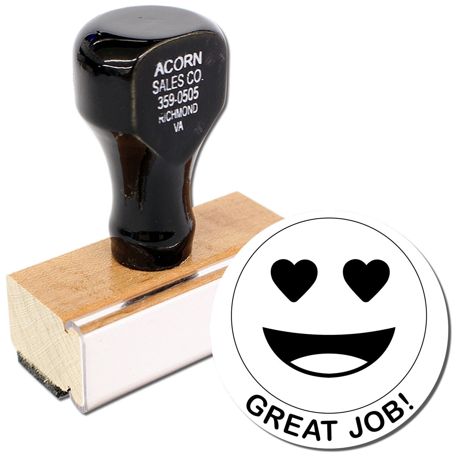Custom Great Job! heart-eyes emoji rubber stamp with Acorn Sales Co. handle, perfect for office or classroom use
